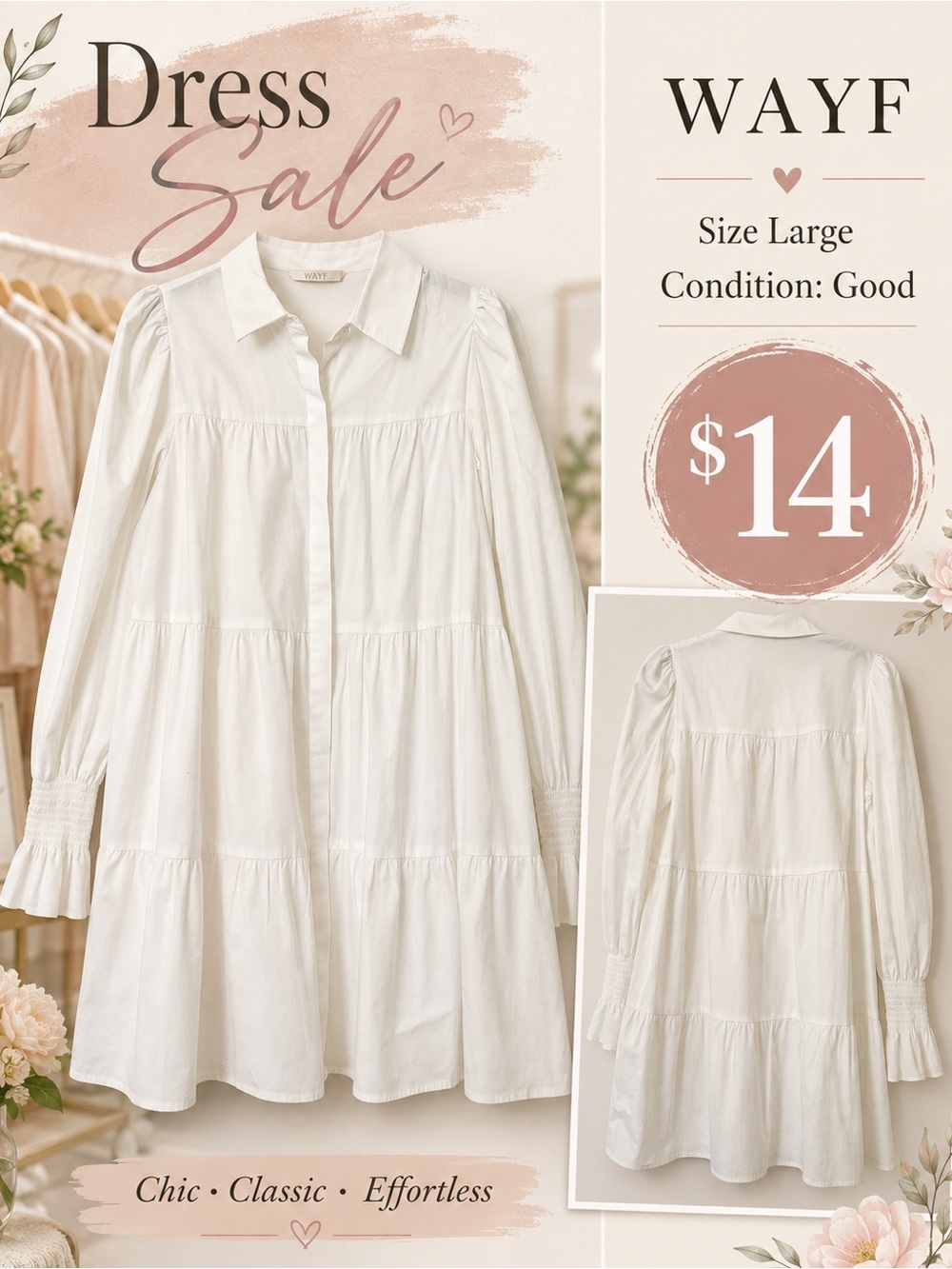 WAYF Cream Tiered Button-Front Long Sleeve Dress